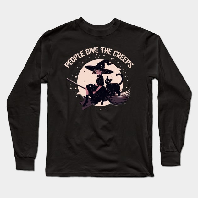 Black Cat and Witch Broomstick Halloween, People Give Me The Creeps Long Sleeve T-Shirt by Pro Design 501